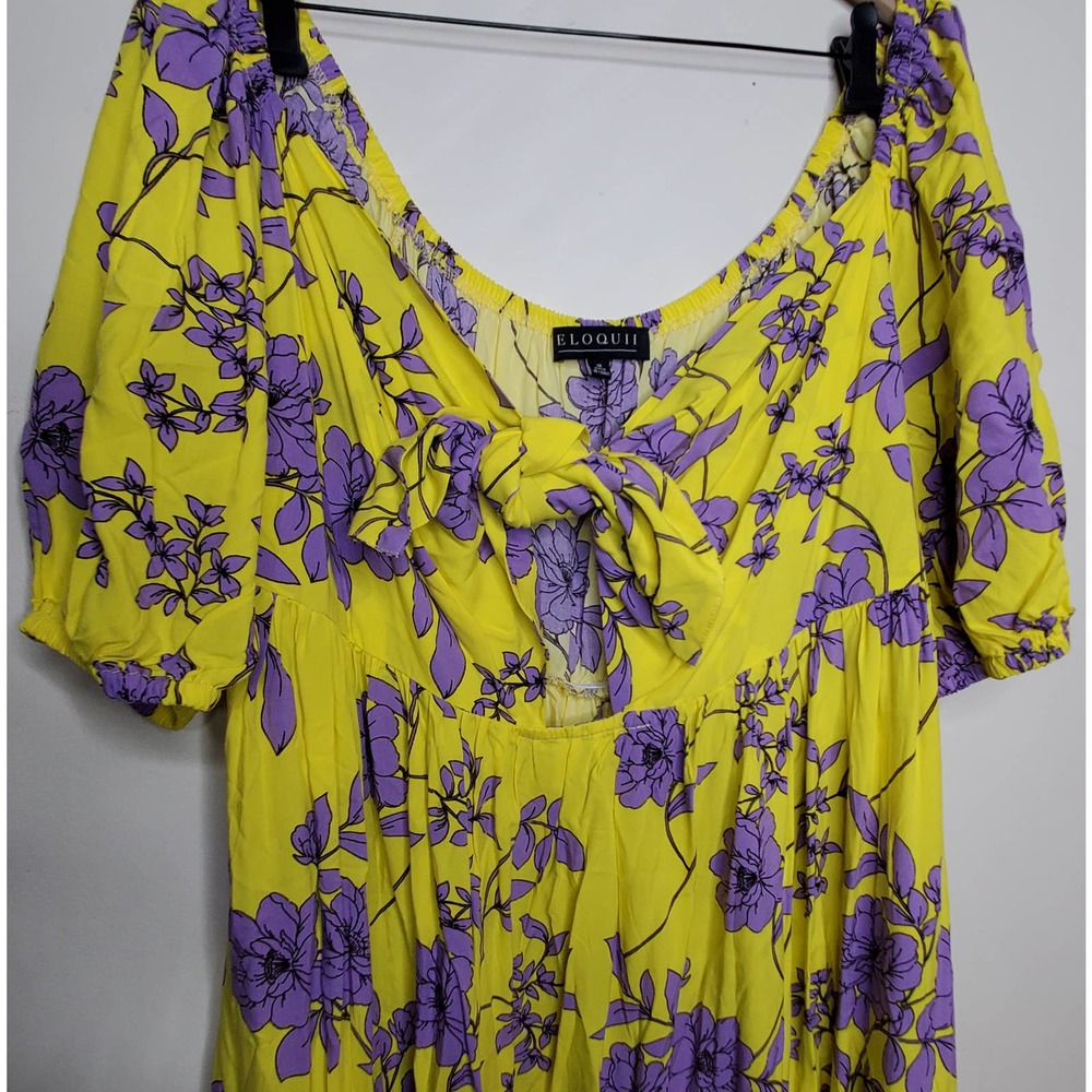 Eloquii Yellow Purple Tie Front Skirted Maxi Dress Flirty Sexy Romantic, 16 - Picture 7 of 9